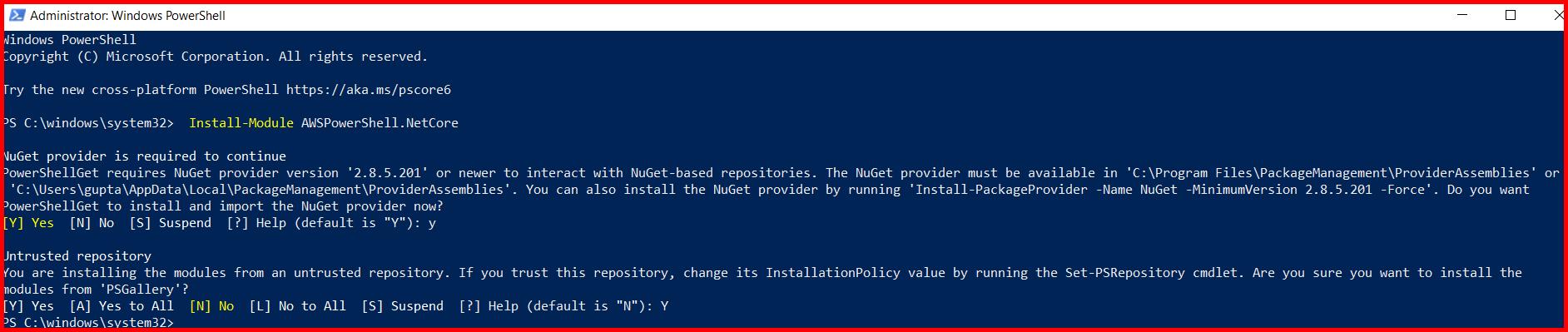 Picture showing the execution of Install-Module AWSPowerShell.NetCore command